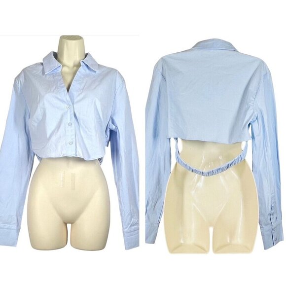 Emory‎ Park Crop Collared Button Front Shirt Size L Blue L/S Elastic Band NWT - Picture 1 of 16